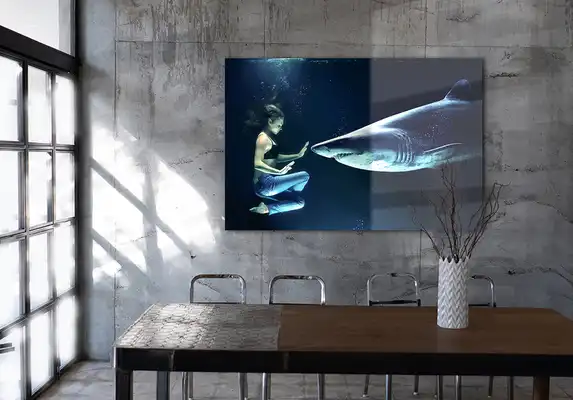 Luxe foto in plexibond in een sober interieur, een schitterende combinatie.