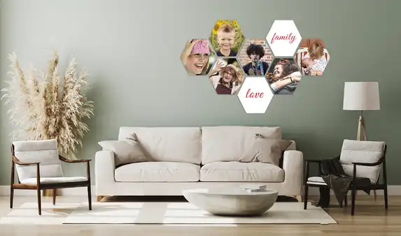 Hexagon collage met meerdere foto's en teksten