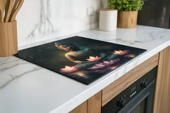 Met een boeddhabeeld op inductiekookplaat beschermer zit je altijd goed.